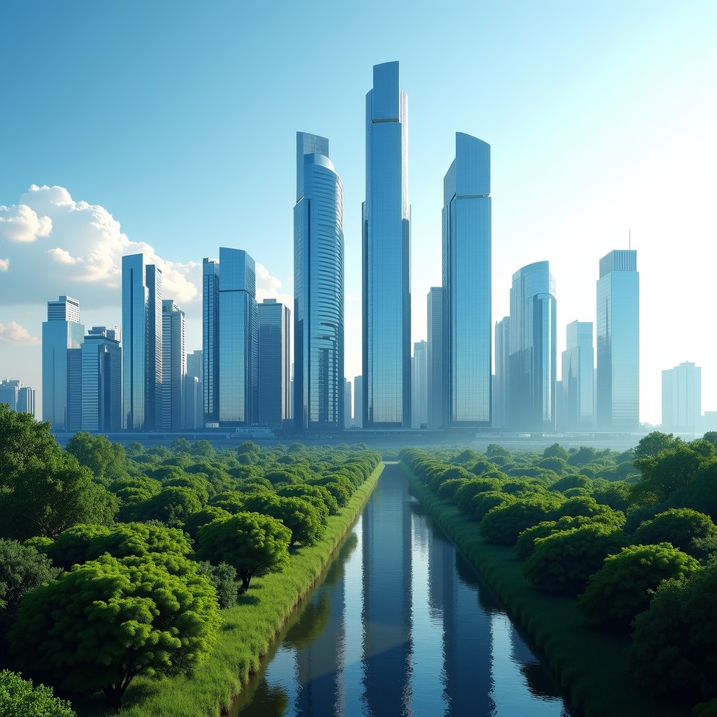 Modern skyline of a tech city in India like Noida or Visakhapatnam, glass buildings, lush greenery, futuristic urban design, bright daylight, 4:3