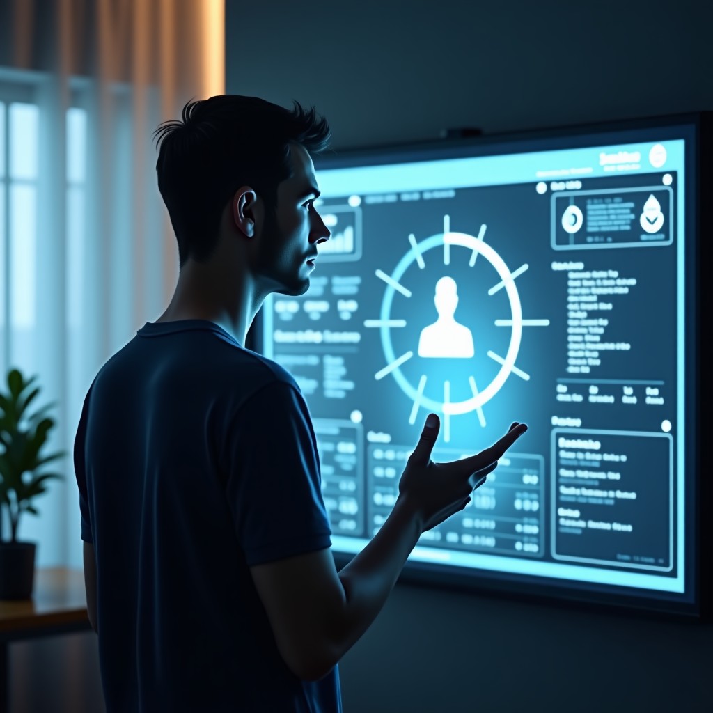 A thoughtful person looking at a complex digital interface showing holographic data, indoor workspace with soft ambient light, realistic and detailed composition, 4:3