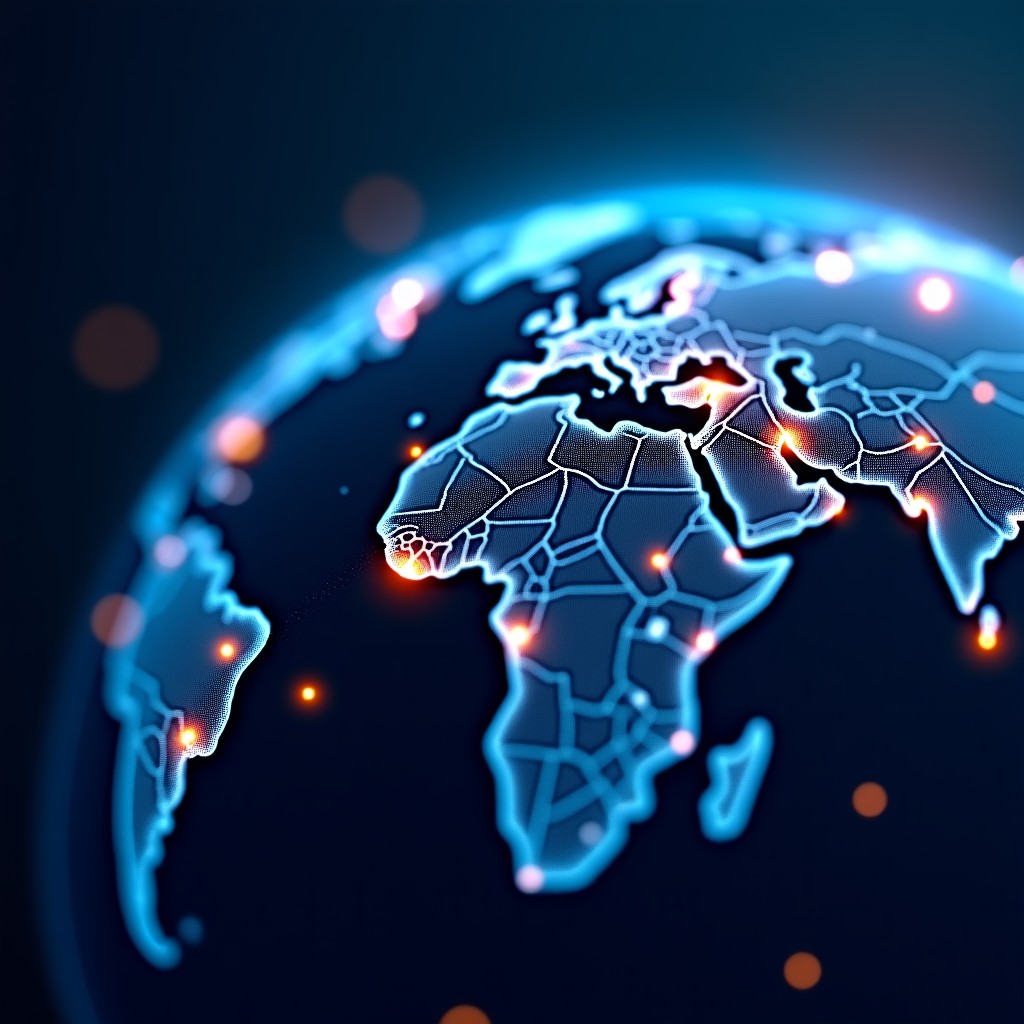 An abstract and artistic visualization representing global tech connectivity and innovation with glowing lines and geometric shapes in blue and orange tones. 4:3