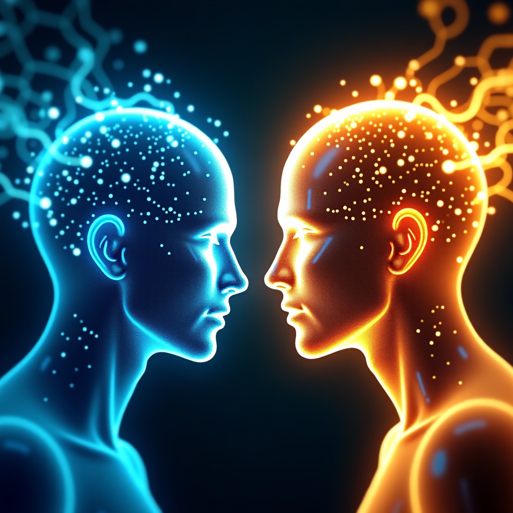 Two abstract tech giants facing each other, one side representing safety and regulation with blue glowing nodes, the other side representing rapid growth and innovation with golden energy streaks, professional digital art style, 4:3