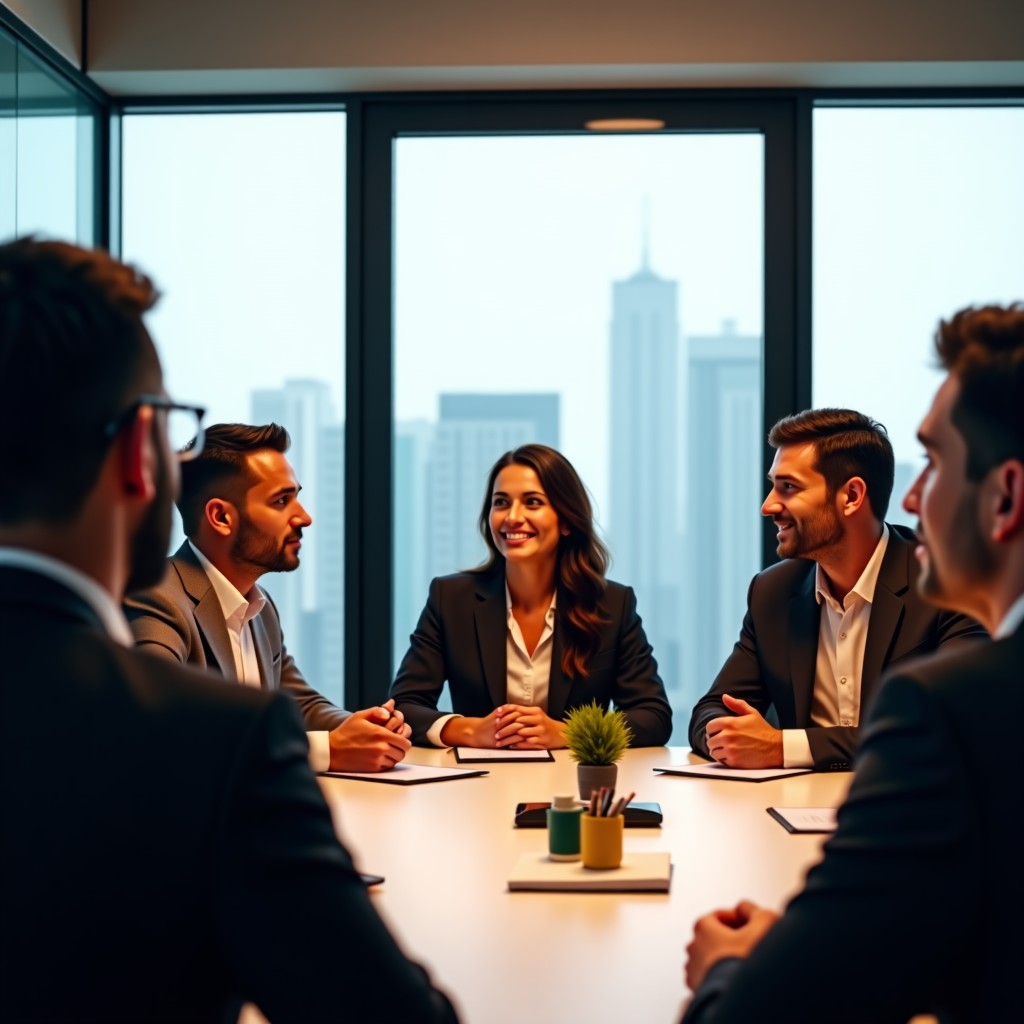A group of diverse professional investors and tech founders in a modern glass-walled boardroom, discussing global expansion and AI strategy. Warm lighting, natural business setting. 4:3