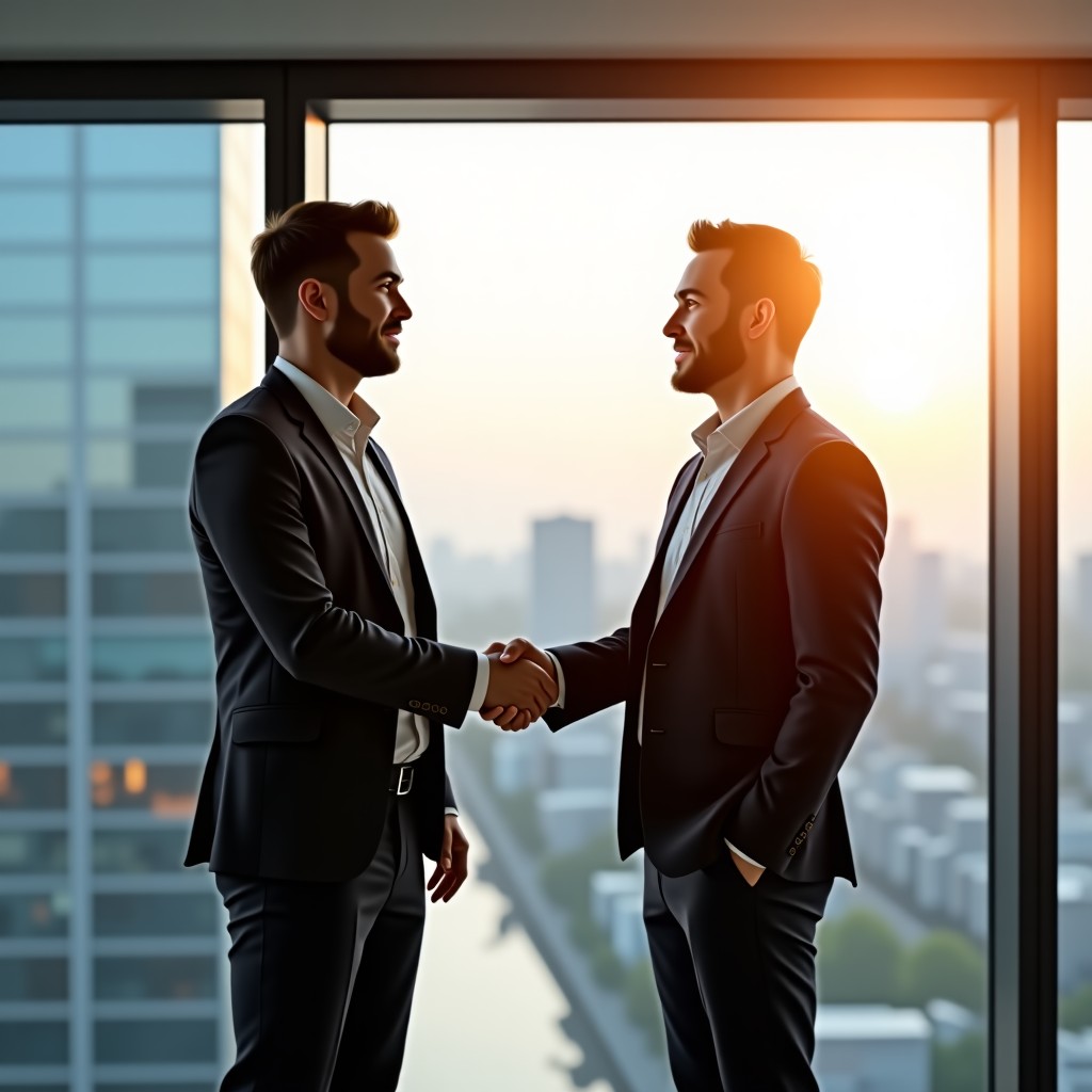 Two professional business leaders shaking hands in a bright, modern glass-walled conference room overlooking a digital city. Professional attire, confident expressions. Warm morning sunlight filtering through windows. Lifestyle photography style. 1:1