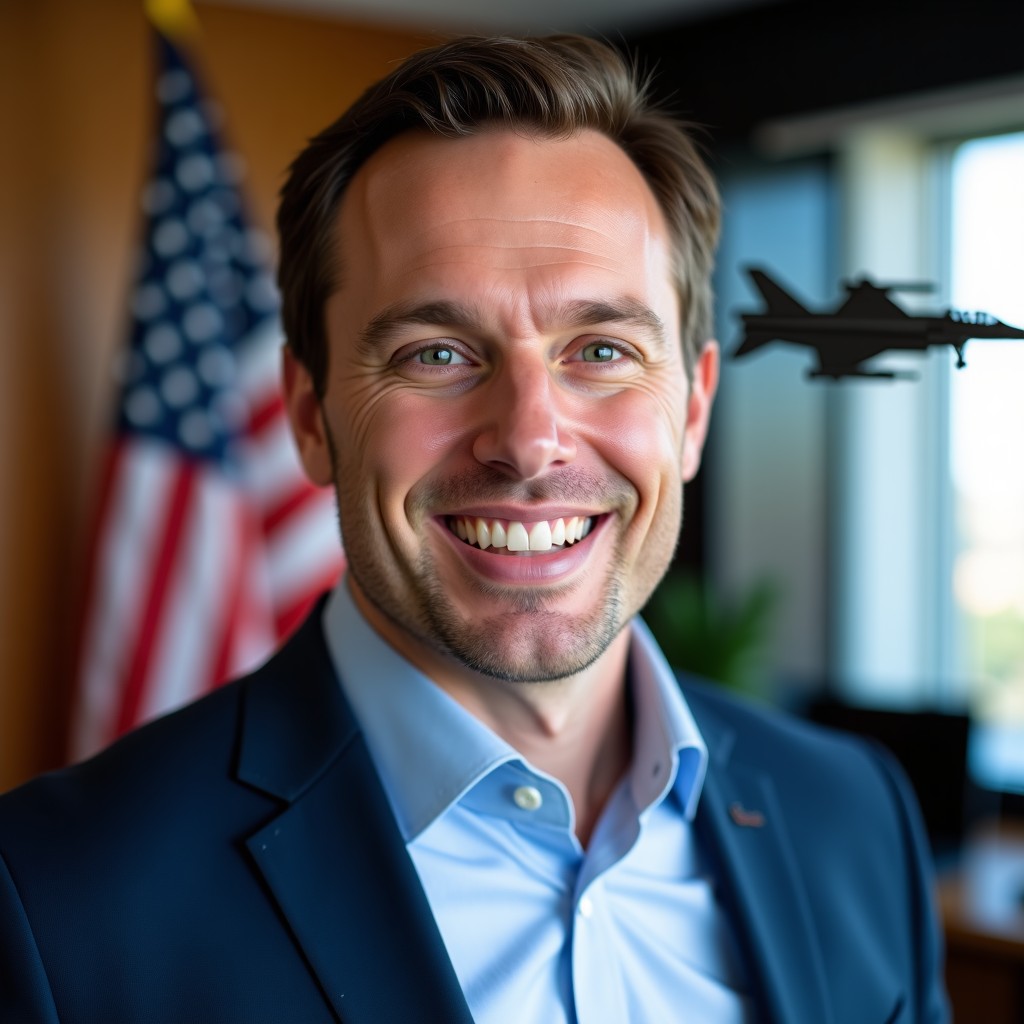 A professional portrait of a tech executive in a modern office with subtle military elements in the background like a small American flag and a model of a jet. He has a sharp, focused expression. High contrast, professional photography style, 1:1.