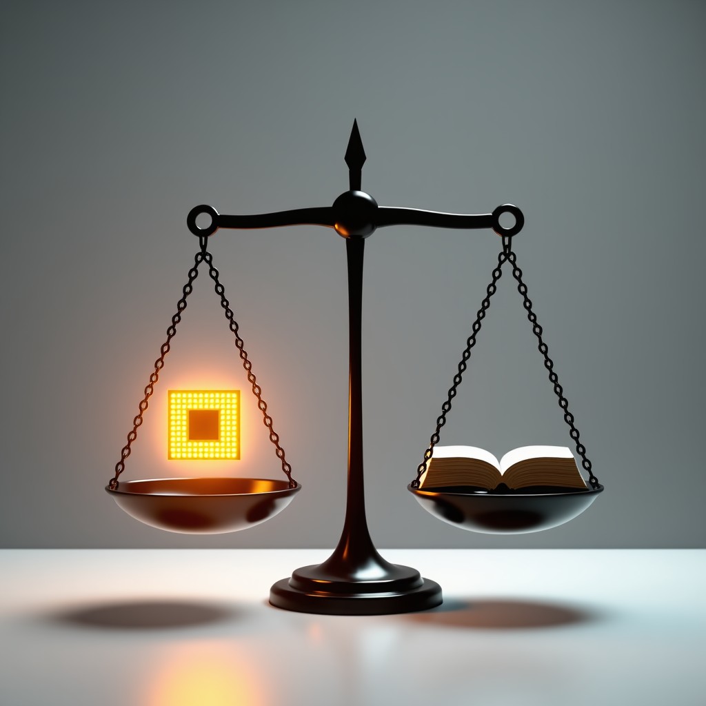 A sleek and modern scale balancing a glowing AI microchip on one side and a classic law book on the other. Professional lighting with a neutral, high-quality studio background. No text. 4:3