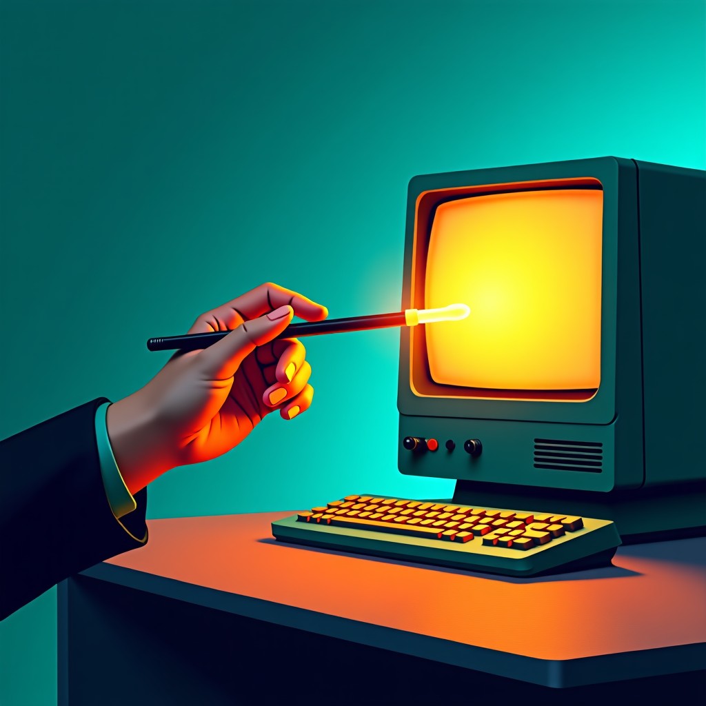 A conceptual illustration of a human hand holding a glowing digital pen connected to a vintage computer monitor, artistic and textured background, vibrant teal and orange lighting, 4:3
