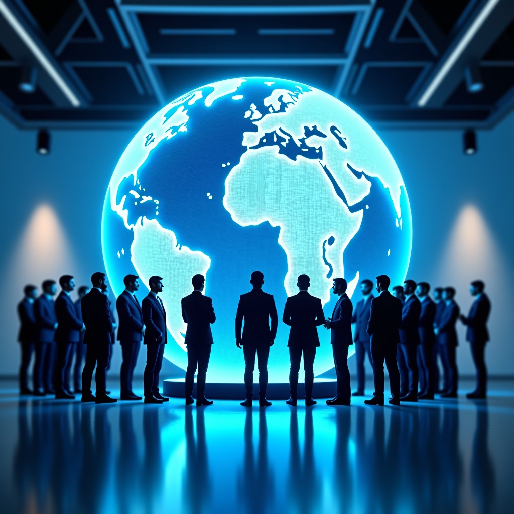 A diverse group of people in business attire standing around a large holographic display of the globe, high-tech conference room, professional and hopeful mood, 4:3