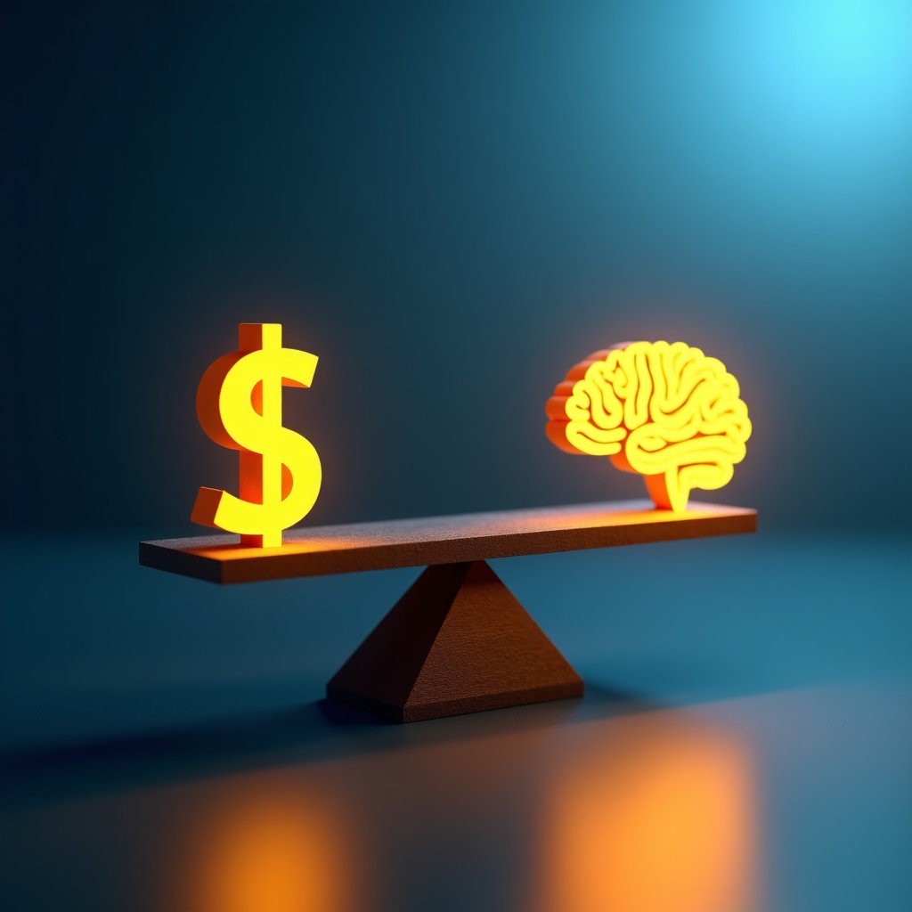 A futuristic digital scale balancing a golden dollar sign on one side and a glowing human brain icon on the other. Soft professional background with a mix of blue and gold light. Textured artistic rendering. No text. 1:1
