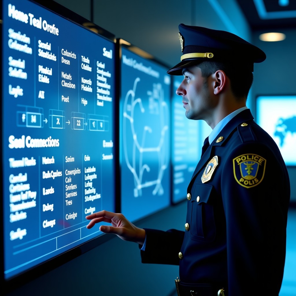A professional police officer in uniform looking at a futuristic digital screen showing complex network connections and AI analysis results, symbolic representation of human-AI collaboration, clean composition, 4:3