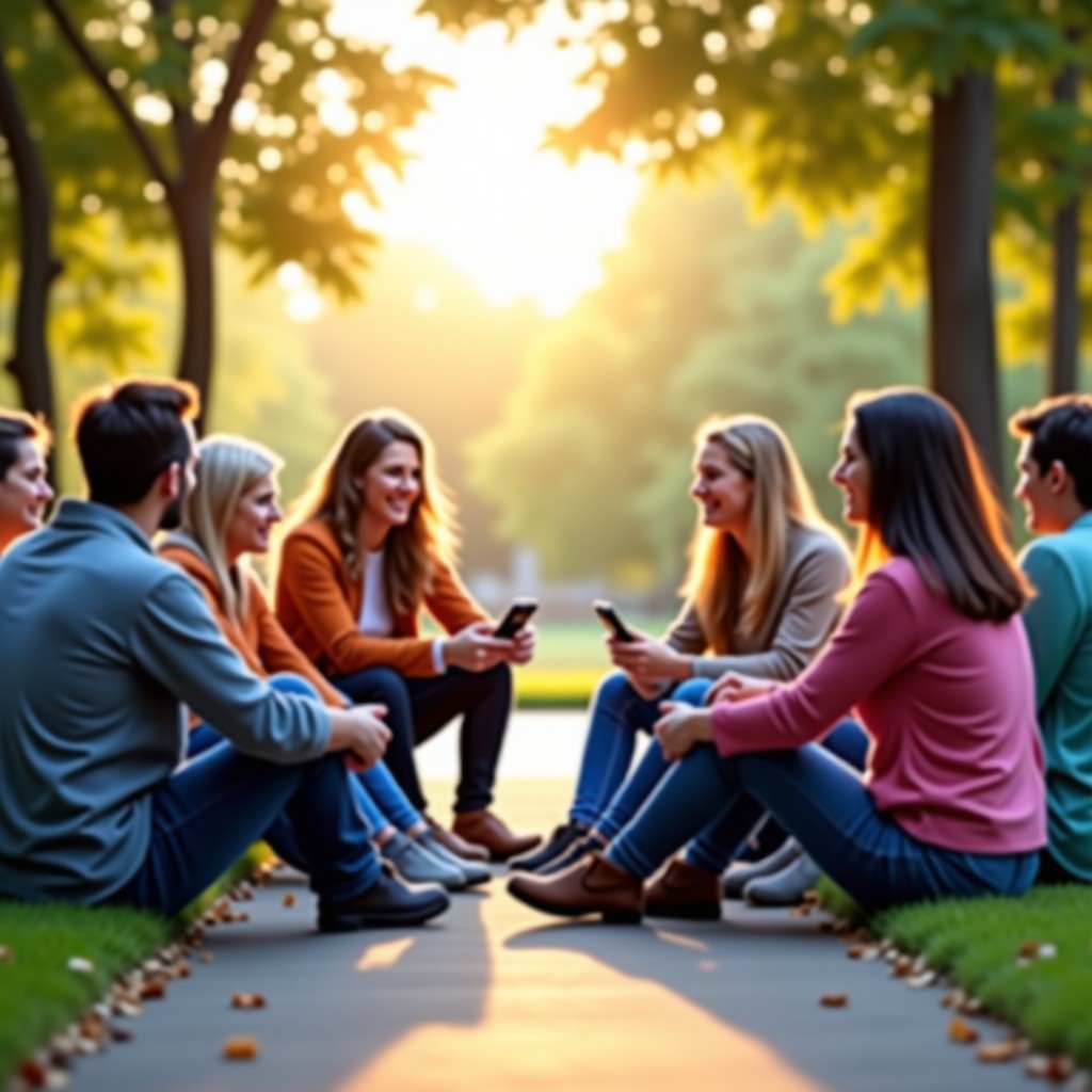 A group of diverse people sitting together in a modern park setting, talking and engaging with each other without devices, soft natural sunlight, warm and hopeful atmosphere, 4:3