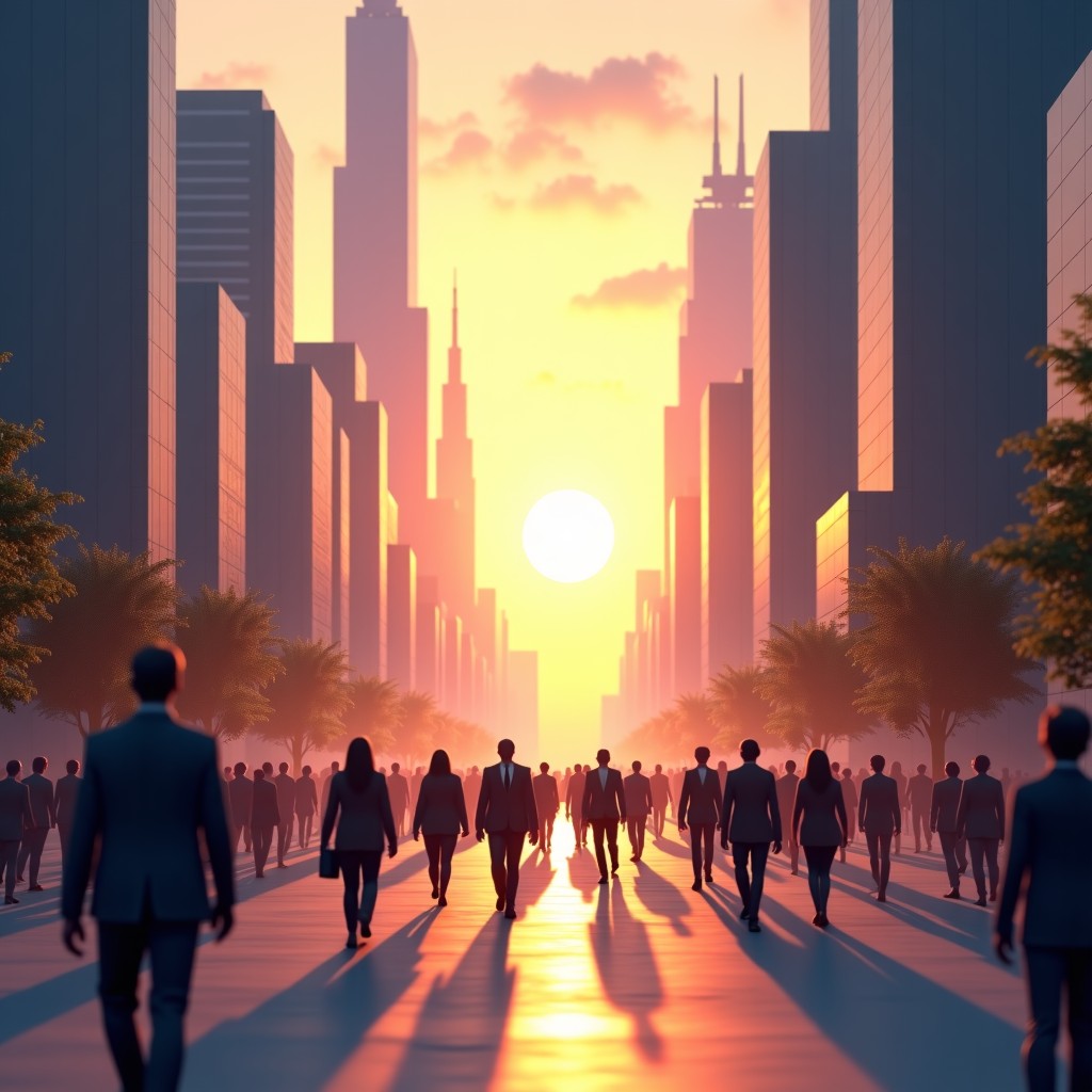 A futuristic cityscape with people walking naturally, digital augmented reality elements floating in the air, warm sunset lighting, detailed composition, 1:1