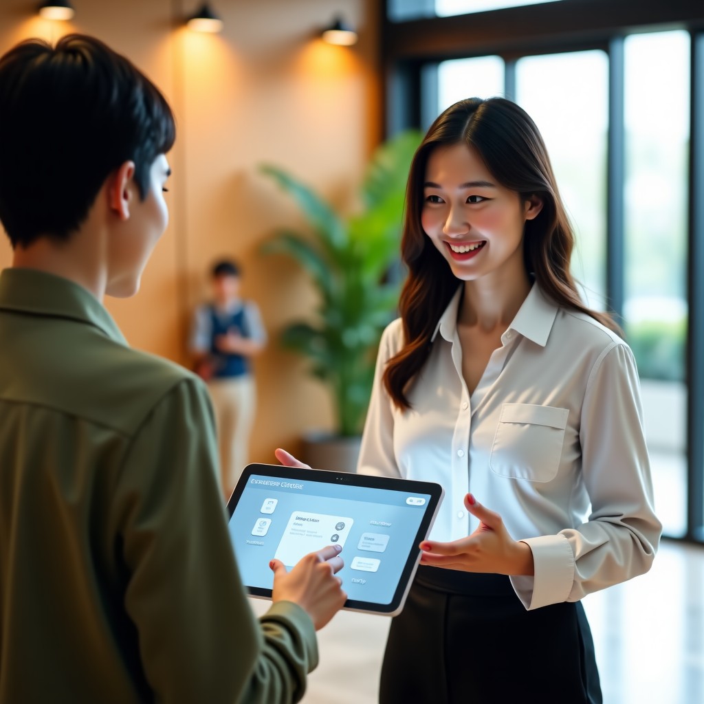 A friendly Korean female civil servant using a transparent tablet with a sophisticated AI interface to help an elderly citizen. The background is a bright, modern public service center with warm wood accents and indoor plants. 1:1