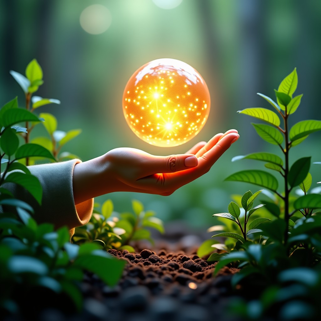 A symbolic composition showing a human hand reaching towards a glowing digital sphere, lush green plants growing around metallic tech structures, harmony between nature and technology, bright and hopeful lighting, 4:3