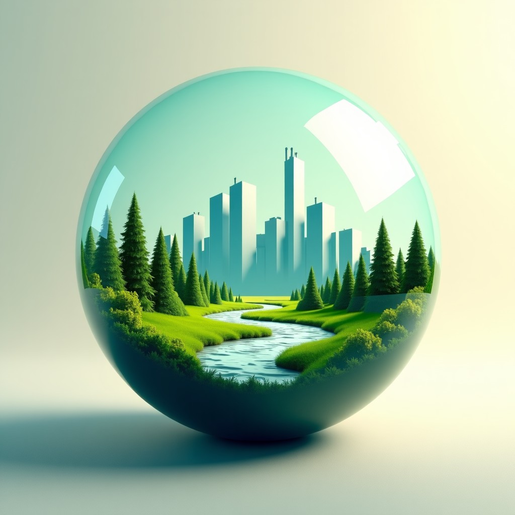 A conceptual illustration of a crystal sphere holding a balanced landscape of a green forest and a futuristic city, soft textured background, artistic rendering, 4:3