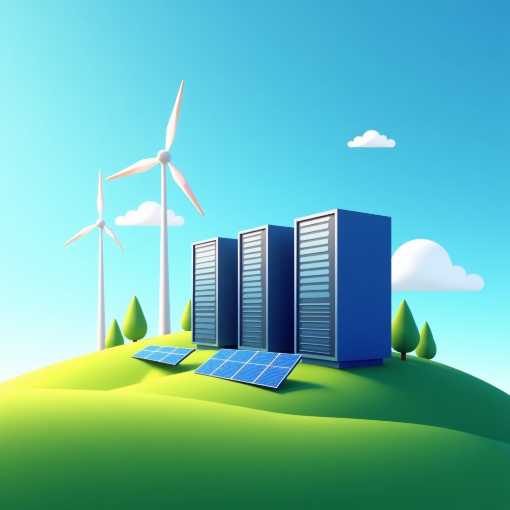 A conceptual illustration of a data center integrated with renewable energy sources like solar panels and wind turbines. Clear blue sky, green fields, and a modern clean design. Optimistic and sustainable future theme, digital art, 4:3