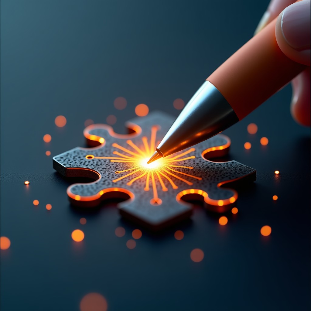 A conceptual digital art piece showing a pen and a digital circuit interlocked like a puzzle. Golden ratio composition, soft light, symbolic of the harmony between human creativity and technology. 16:9 aspect ratio.