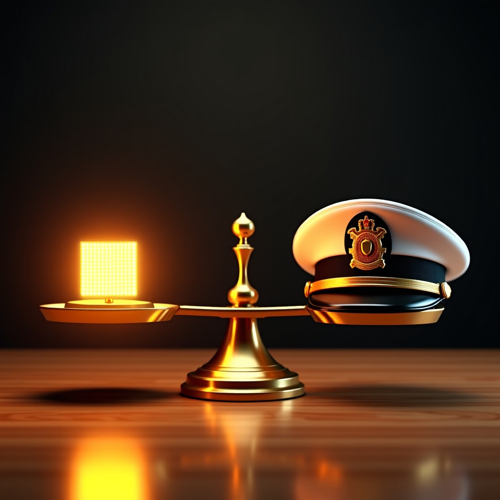 A conceptual image of a golden scale balancing a glowing silicon microchip on one side and a classic military officer cap on the other. Soft professional lighting, wooden desk background, shallow depth of field. 4:3