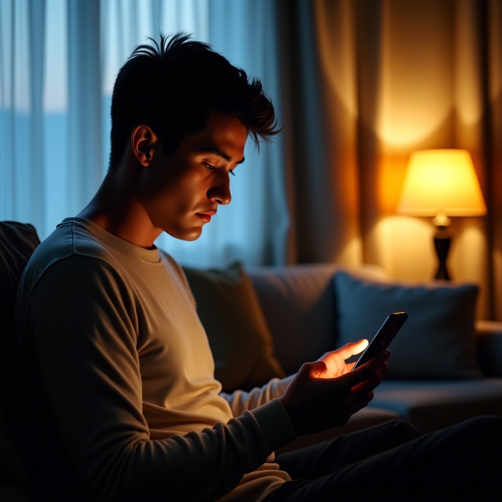 A thoughtful person looking at a high-end smartphone screen in a dim modern living room, soft warm lighting, realistic cinematic photography, 4:3