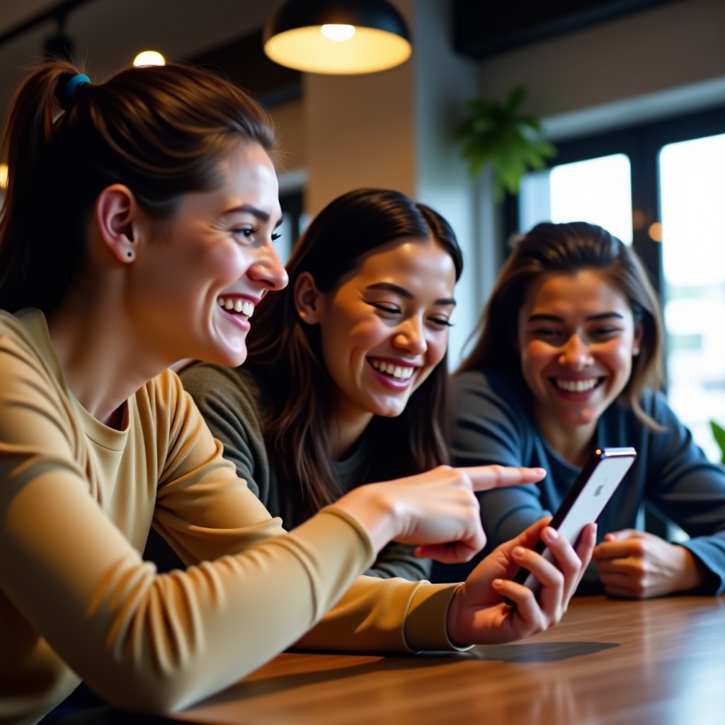 A group of diverse friends in a modern cafe looking at a smartphone together and laughing. They are pointing at the screen showing creative AI-generated content. Candid style, natural indoor lighting, 4:3