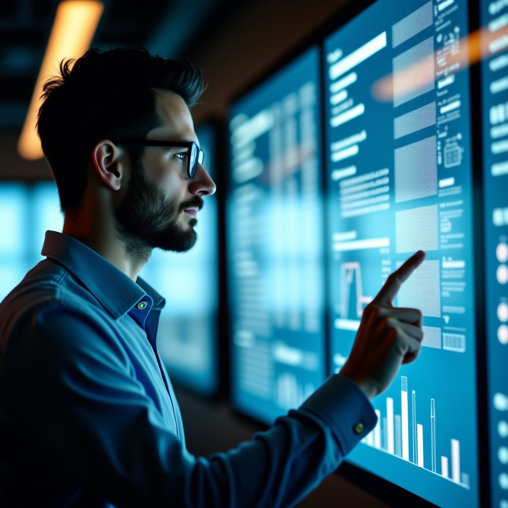 A professional person analyzing complex data flow on multiple transparent glass screens, calm and focused expression, soft natural office lighting, cinematic composition, 4:3
