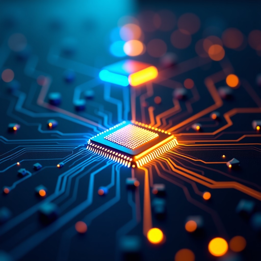 An artistic representation of digital transition, moving from old circuit patterns to modern glowing microchips. High contrast blue and gold lighting. 1:1