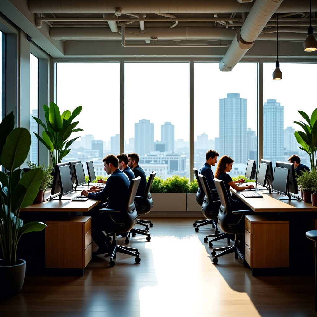 A wide-angle shot of a bright and airy modern tech office in London. Large glass windows reveal a hint of the city architectural landmarks. People are working on laptops in a collaborative space with green plants and stylish wooden furniture. Professional photography style. 4:3