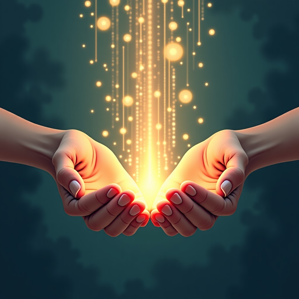 A conceptual illustration of human hands interacting with holographic light strands. Textured background with a mix of organic and digital elements. Soft focus and inspiring composition. 1:1