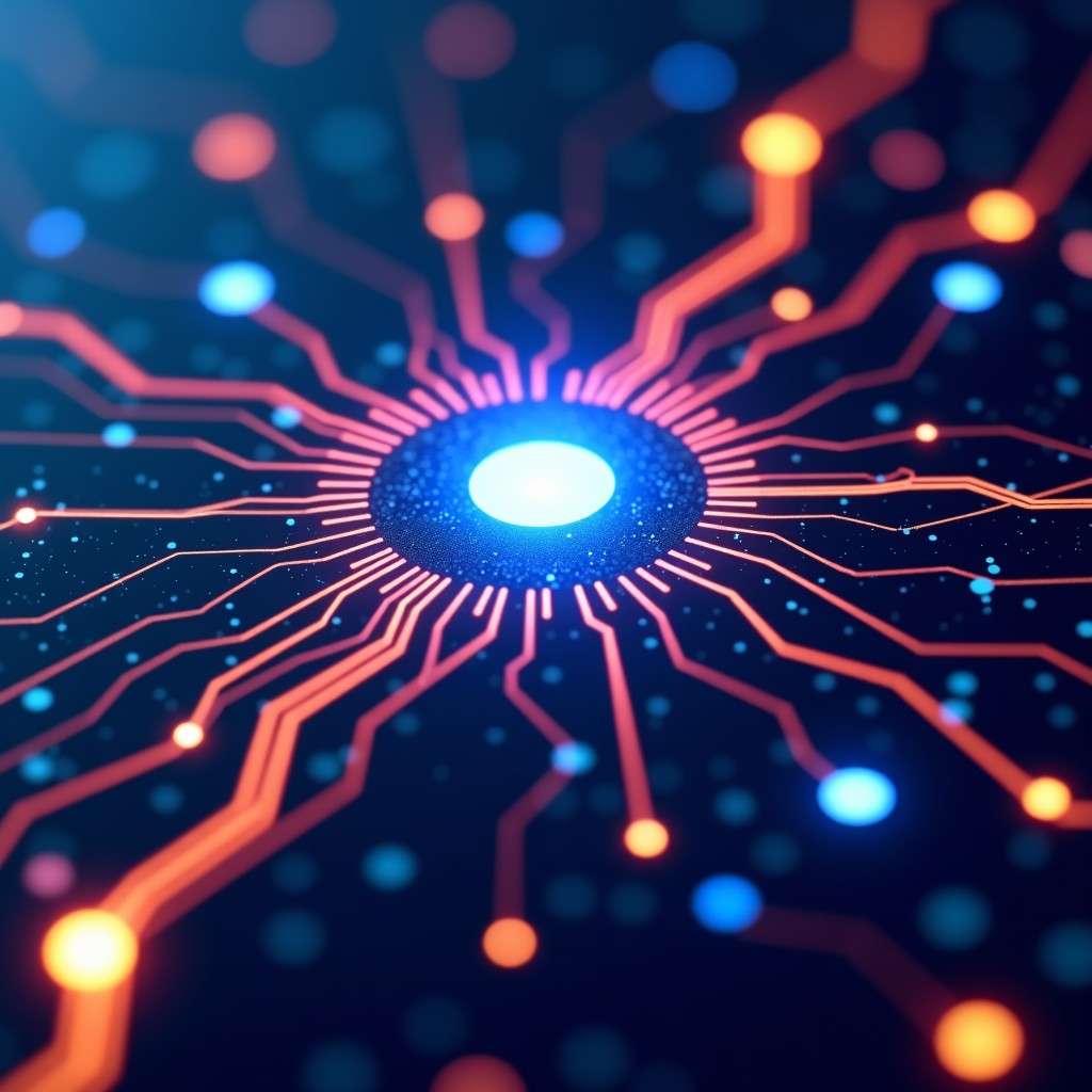 Abstract digital connection between two major tech entities, glowing circuits and nodes, futuristic and professional aesthetic, NO KOREAN TEXT, 4:3