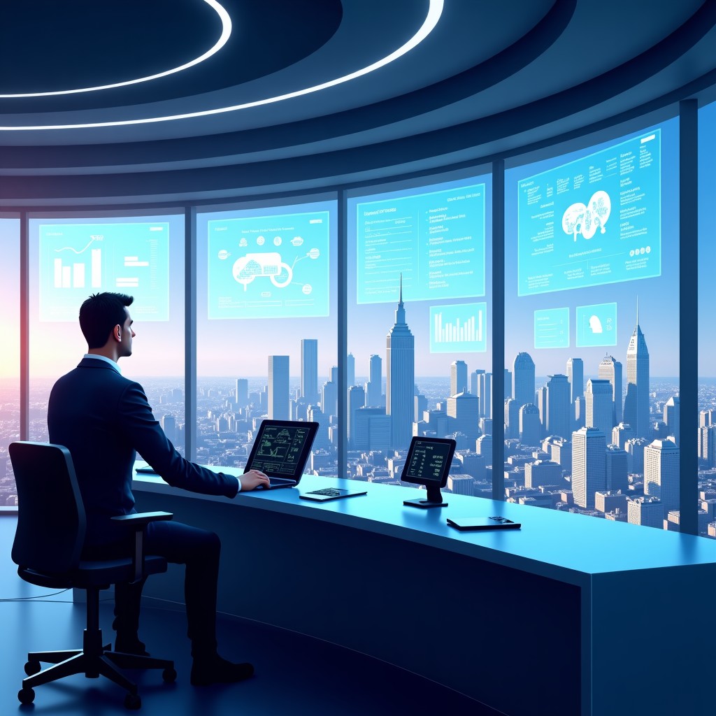 A futuristic control room overlooking a bright sustainable city, a professional operator watching multiple transparent screens showing data safety grids, clean infographic style, 4:3