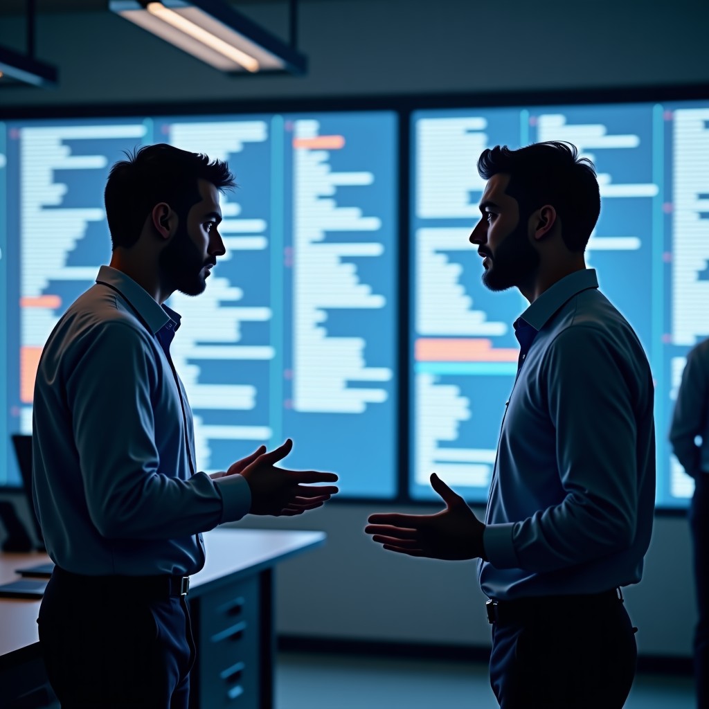 Two tech professionals discussing system architecture in a bright modern workspace. Large screens in the background show glowing code and data visualizations. Collaborative atmosphere, realistic and clean aesthetic, 4:3