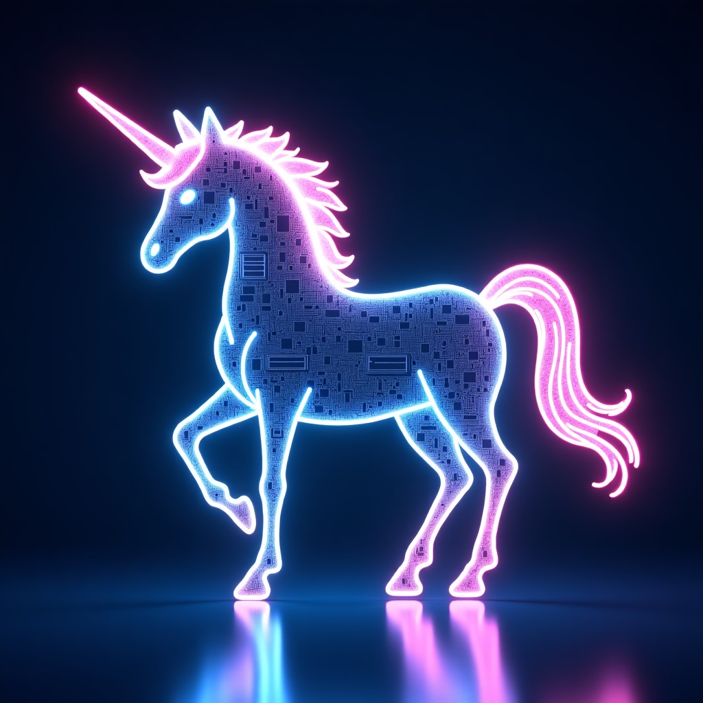 An artistic rendering of a unicorn composed of circuit board patterns and digital light particles. It symbolizes a tech unicorn company. Deep blue background with vibrant neon accents. No text. 4:3