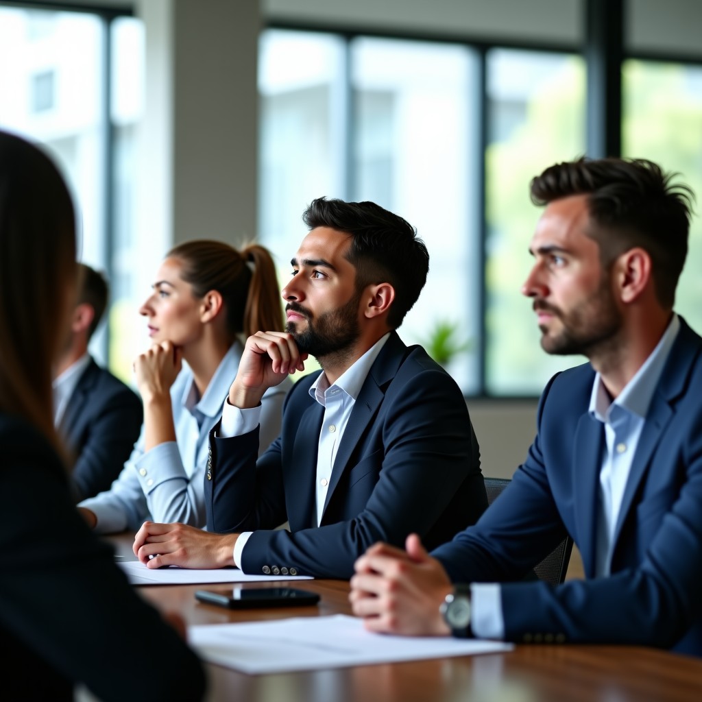 A group of professional office workers in a corporate training seminar looking thoughtful and stressed, modern interior, natural lighting, high quality photography, 4:3