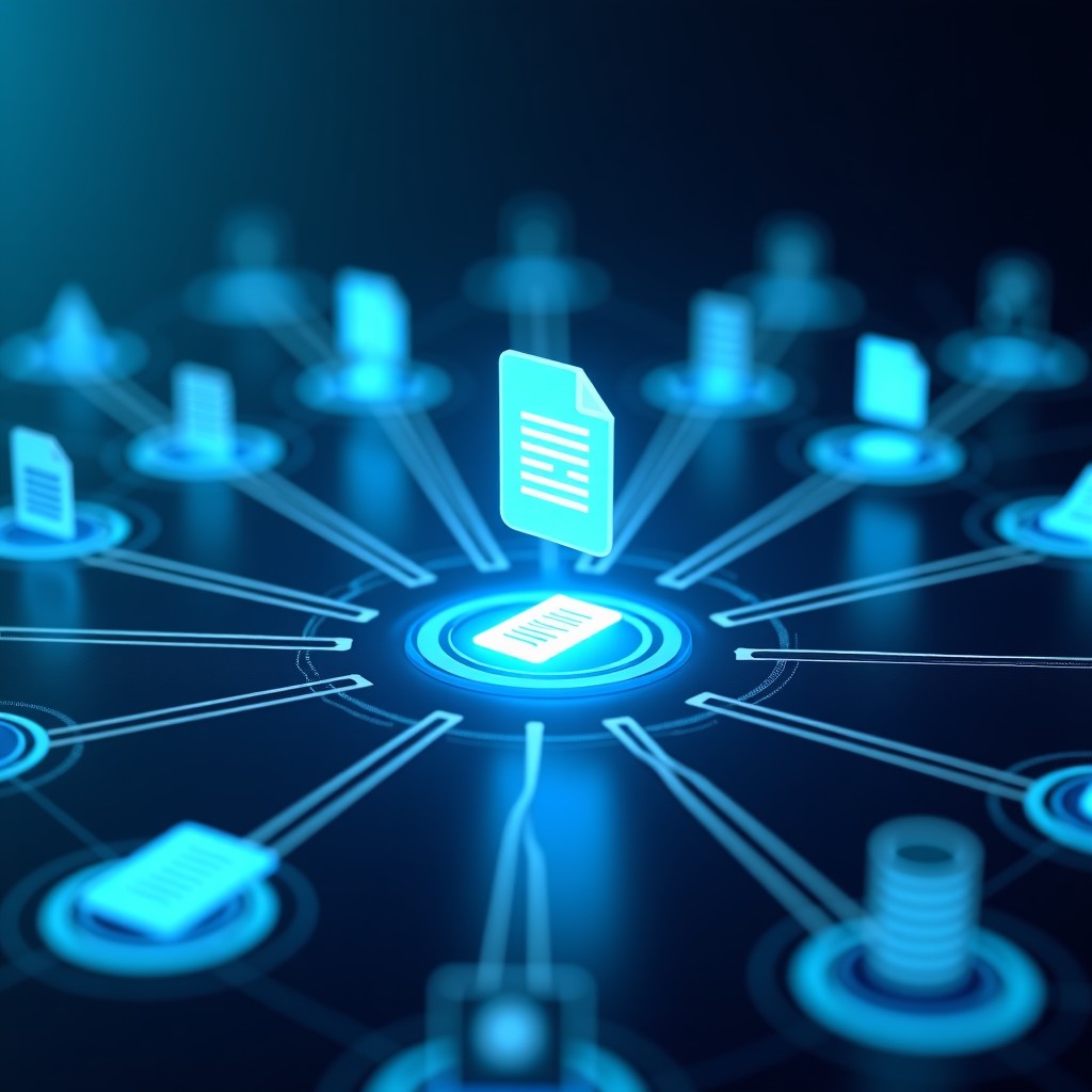 A futuristic digital intelligence layer connecting various enterprise application icons like document folders, messaging apps, and databases. The scene is professional and high-tech with a clean blue and white color palette. Cinematic lighting, 4:3 aspect ratio. NO TEXT.