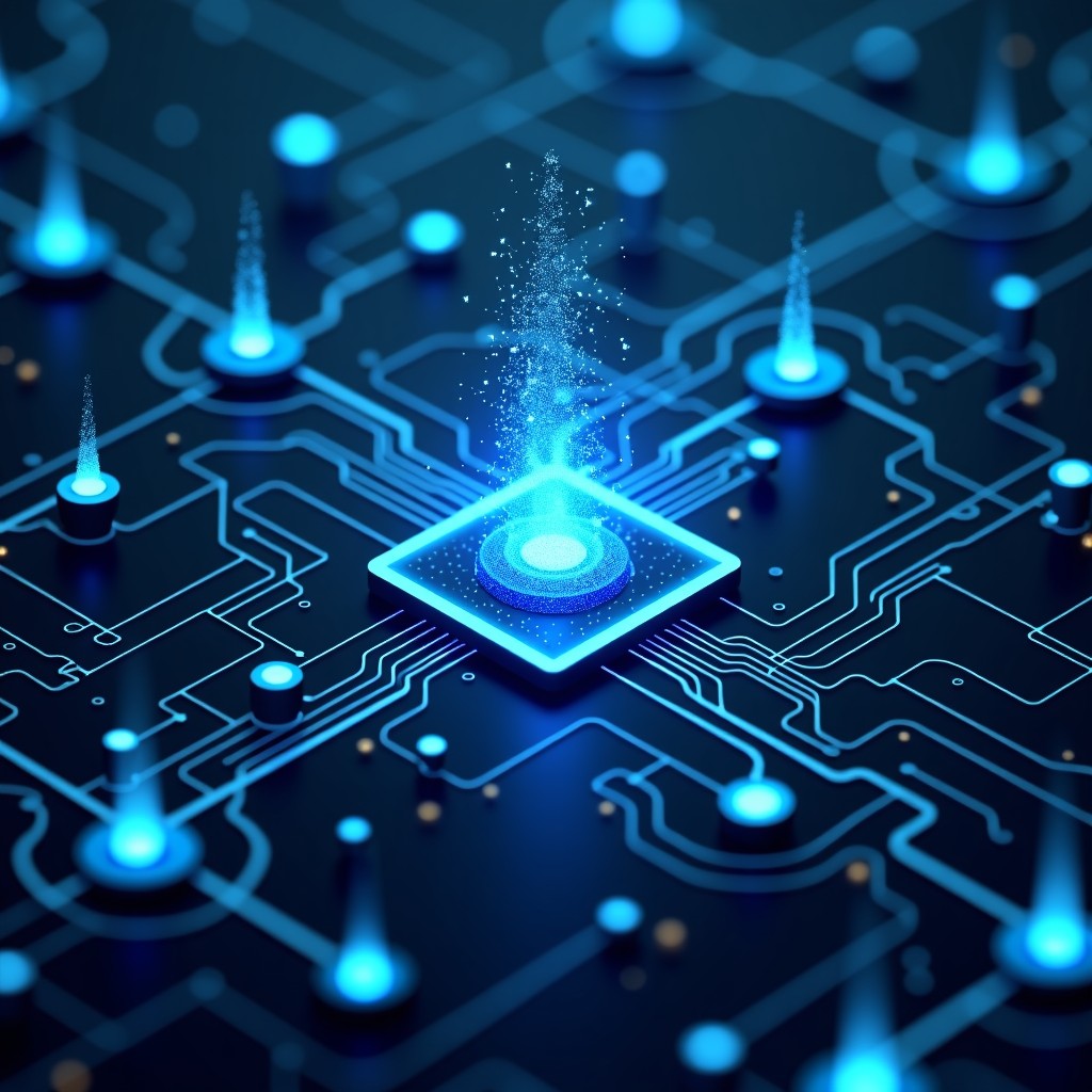 An infographic style image showing an efficient AI model being integrated into a complex corporate digital infrastructure. Modern tech aesthetics, glowing circuits, and data flow. Informational style with high contrast. 4:3