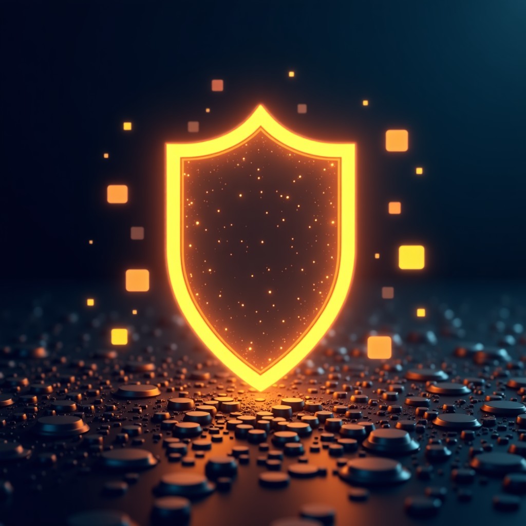 A large digital shield made of light protecting a cluster of computer icons, dark background with golden accents, symbolic of cybersecurity strength, 1:1