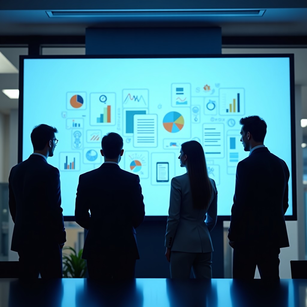 Professional business team in a modern glass office discussing digital transformation on a large screen 4:3