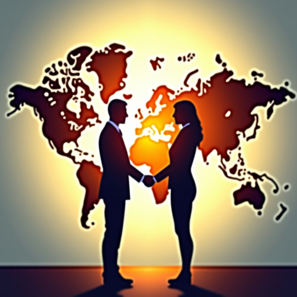 Corporate merger concept illustration, two stylized figures in business suits shaking hands in front of a digital world map background, professional and clean aesthetic, golden hour lighting, 4:3