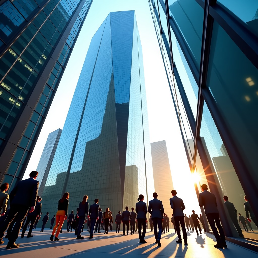 Wide angle shot of a modern glass skyscraper with a banner showing an upward trending stock market graph. A diverse group of young tech professionals are walking toward the entrance. Bright morning light creates a hopeful yet busy atmosphere. 4:3