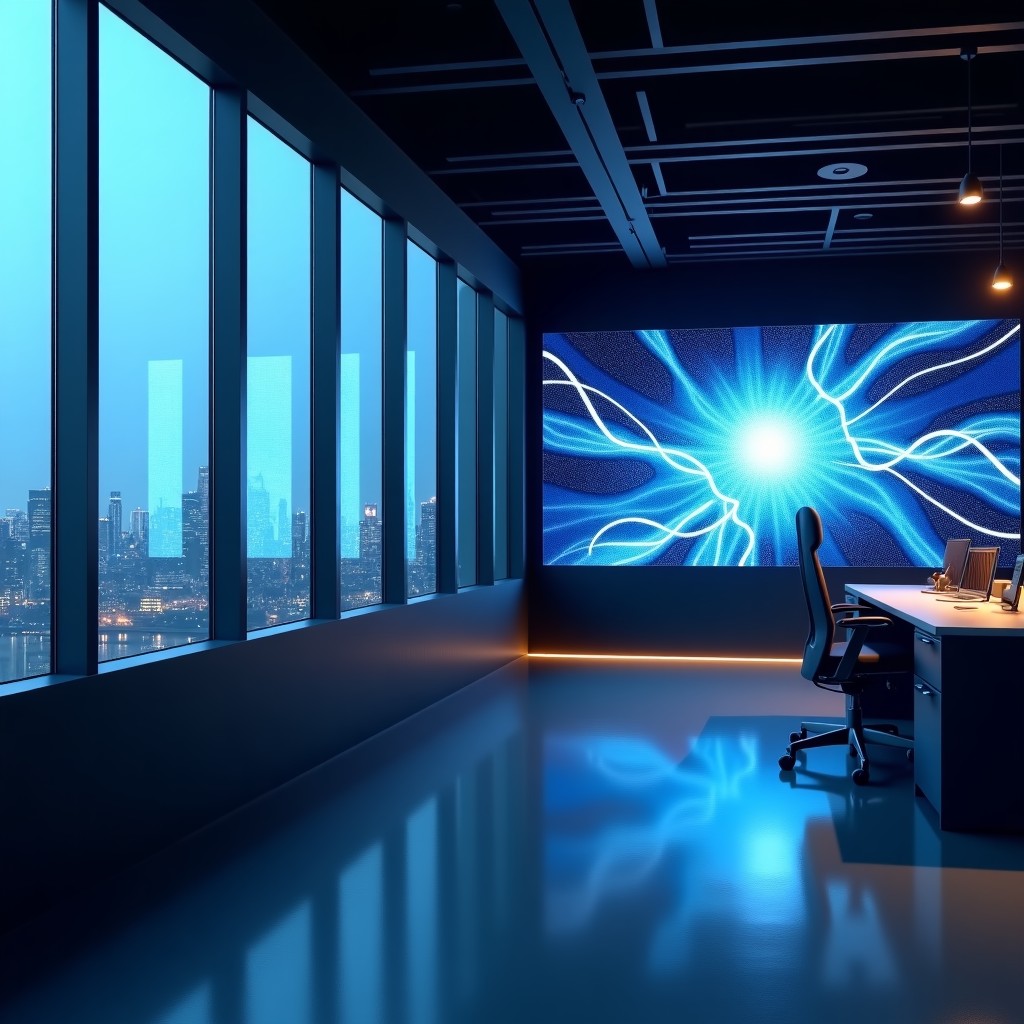 A sleek modern office interior in Toronto with large windows, digital screens displaying abstract AI neural networks and data growth charts, high-end professional atmosphere, soft cinematic lighting, 4:3