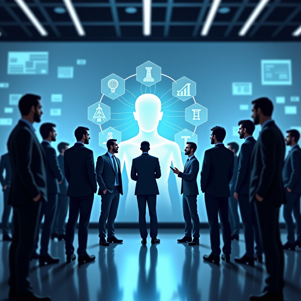 A professional scene featuring a diverse group of business consultants and tech engineers collaborating in a high-tech corporate boardroom. They are looking at a holographic display of a complex AI network. The atmosphere is sophisticated and futuristic with soft blue and white lighting. Professional attire, focused expressions. 4:3
