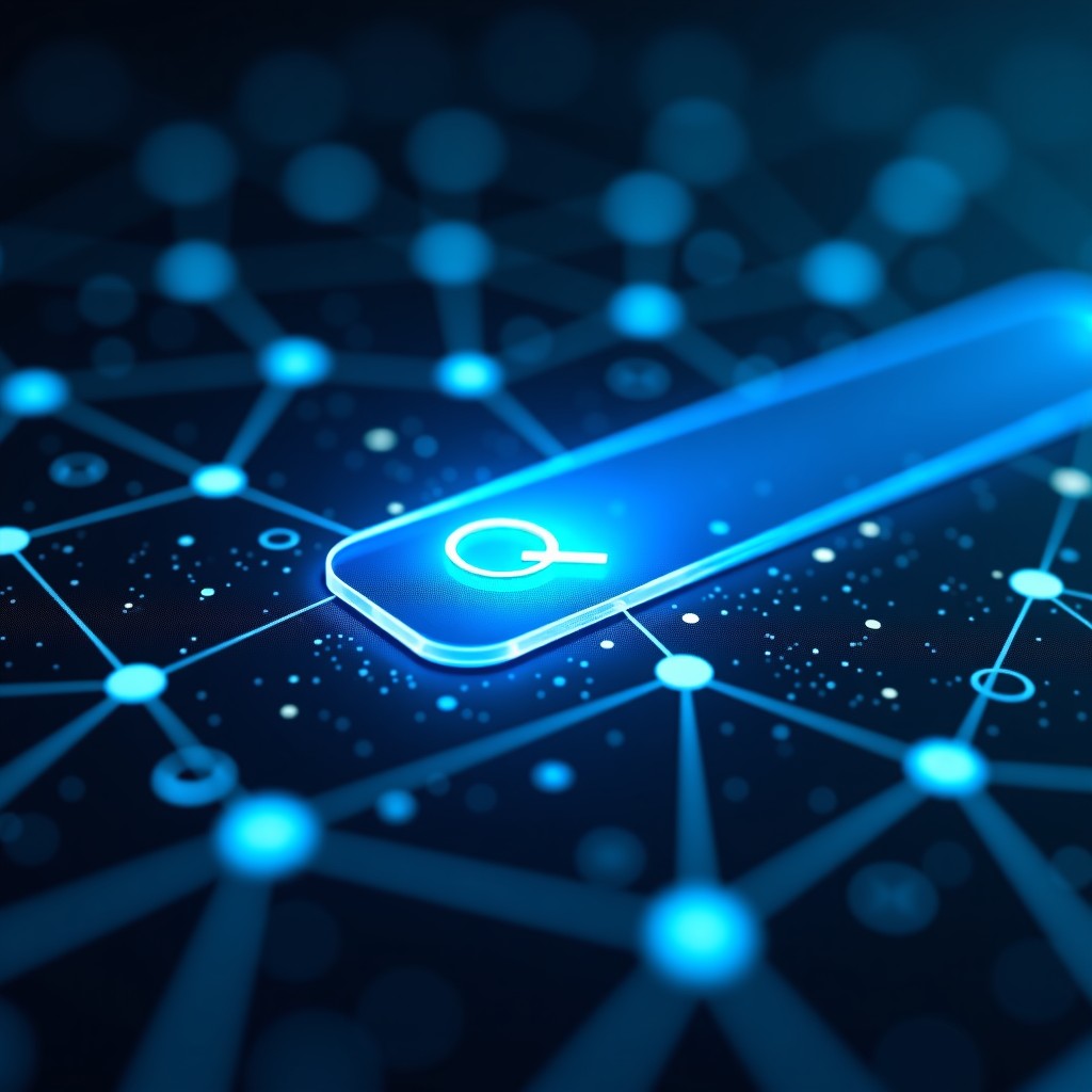 A sleek, modern digital interface showing interconnected nodes of corporate data, glowing blue and silver circuits, representing an intelligence layer beneath a simple search bar. Professional tech aesthetic, cinematic lighting, 4:3