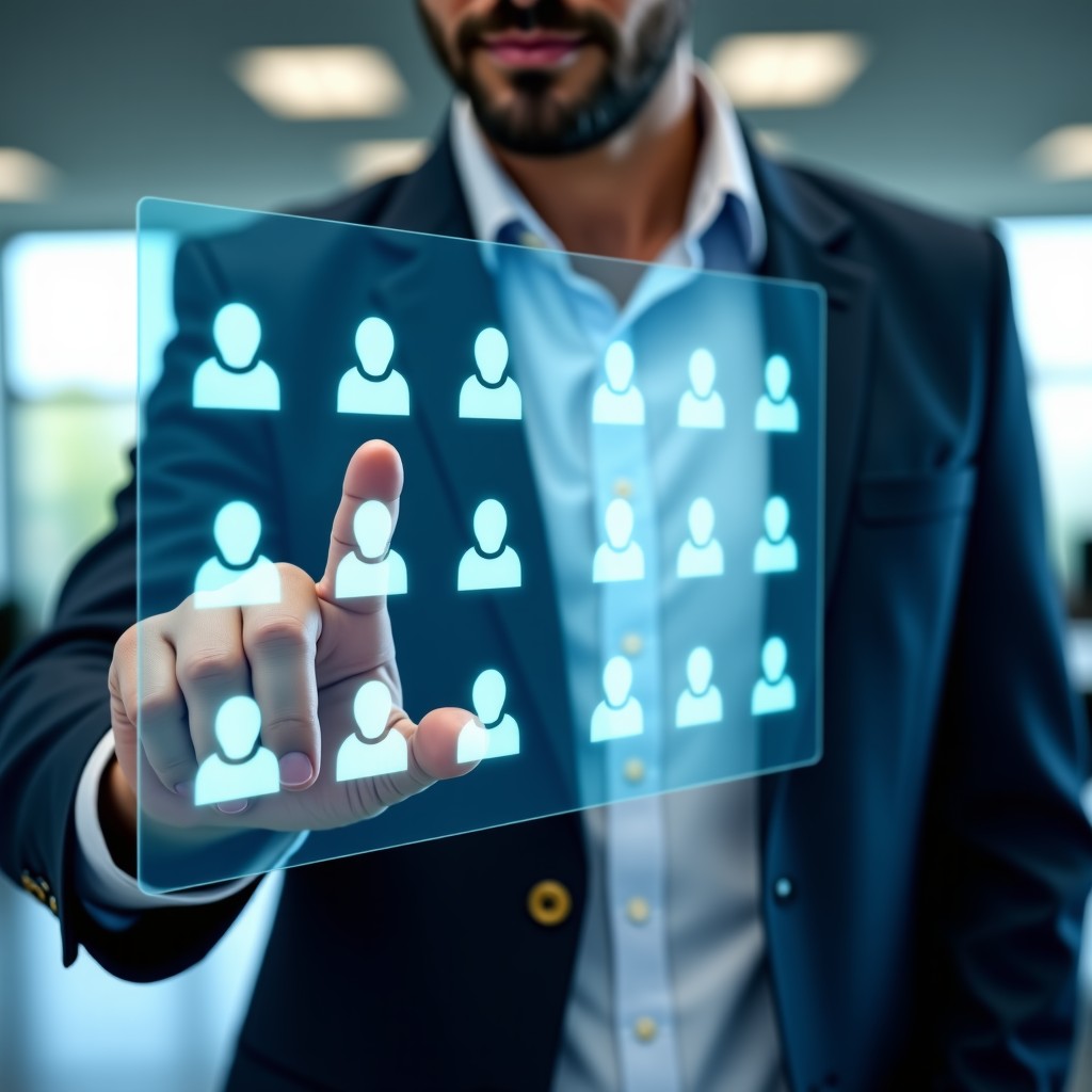 A professional person working on a sleek transparent interface showing complex permission settings and data governance icons. Soft glowing elements, modern office interior in the background, realistic style, 1:1 aspect ratio. NO TEXT.