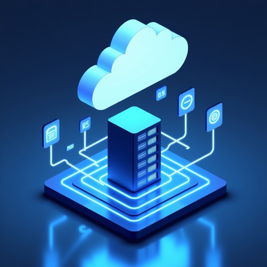 3D isometric illustration of a seamless data flow from a digital cloud into a corporate server rack, glowing lines connecting various data symbols, clean and professional look, 4:3
