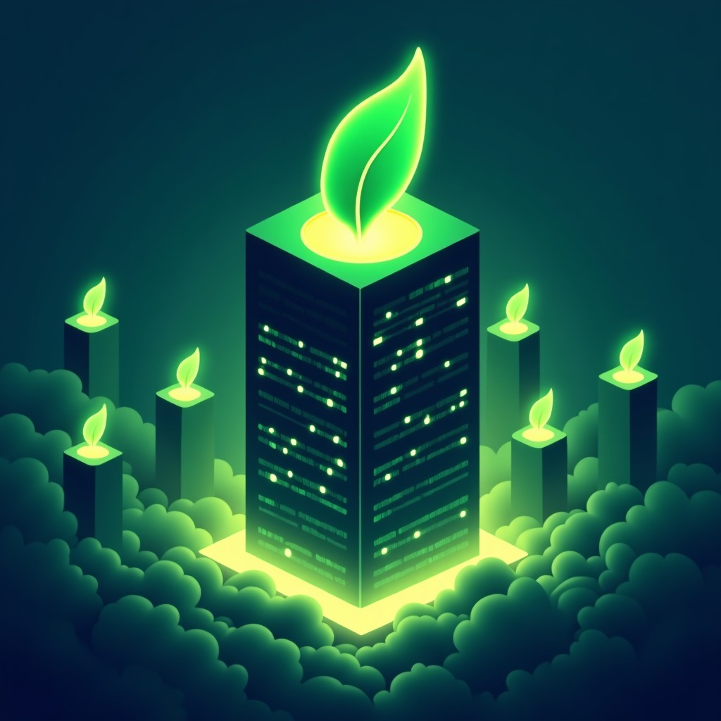 A corporate building with a large green leaf logo surrounded by thick industrial smoke and glowing server icons, conceptual illustration, vibrant but dark atmosphere, 1:1