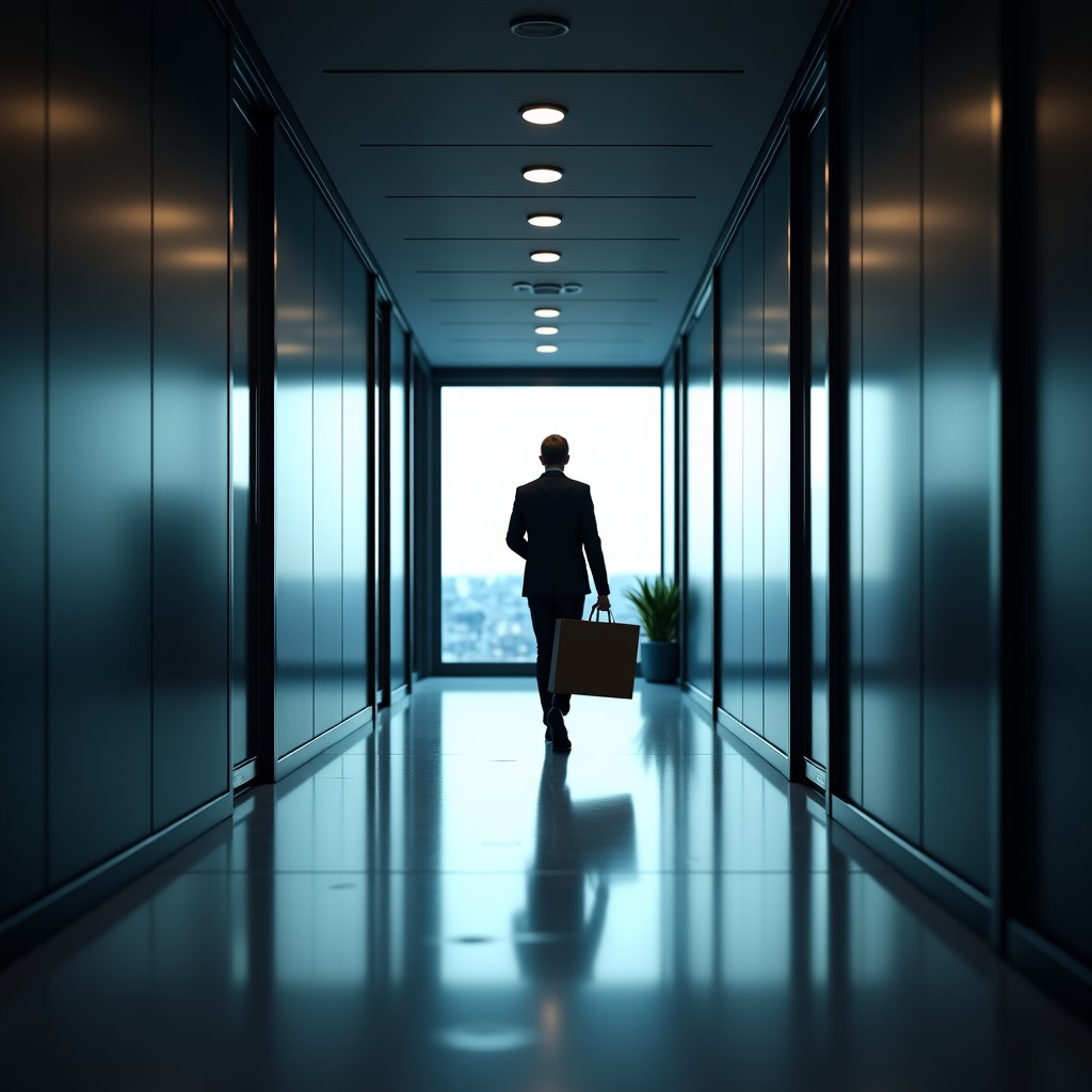A cinematic shot of a modern high-tech office interior with dramatic lighting, a silhouette of a person walking away with a cardboard box, representing a departure under heavy atmosphere, sleek glass walls, professional setting, no text, 4:3