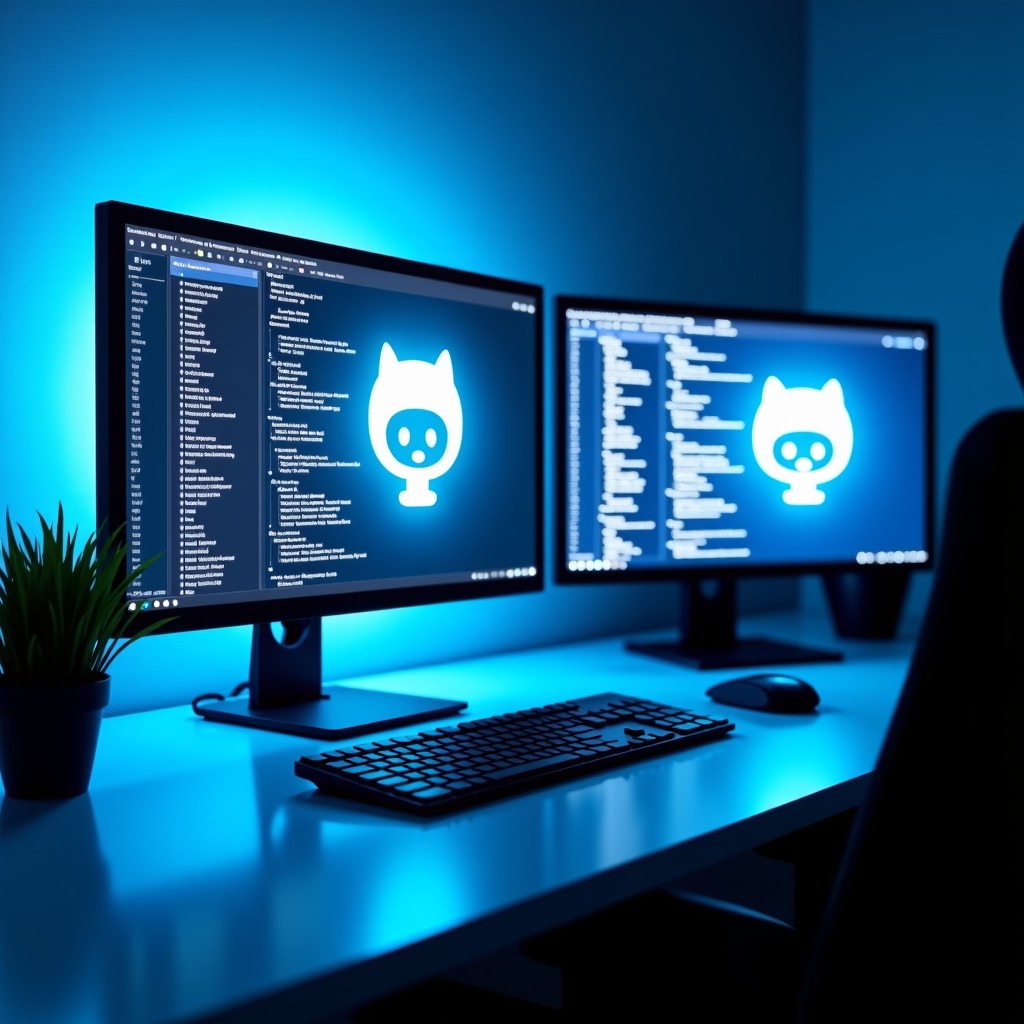 A modern developer workspace with multiple monitors showing the GitHub interface and glowing logos of Anthropic Claude and OpenAI Codex being integrated into the system. High-tech and clean atmosphere with soft blue lighting. 4:3
