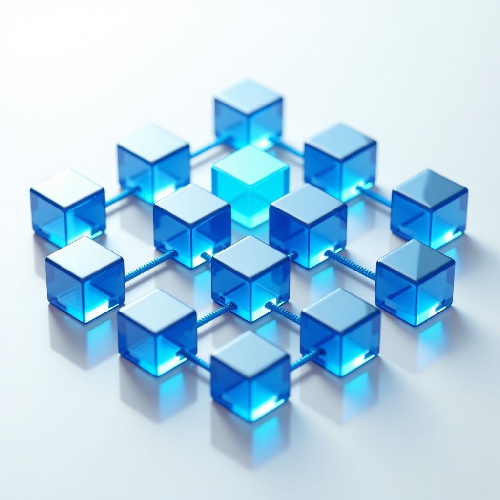 A clean and organized network diagram represented as 3D glass cubes, futuristic and professional, high contrast, 1:1