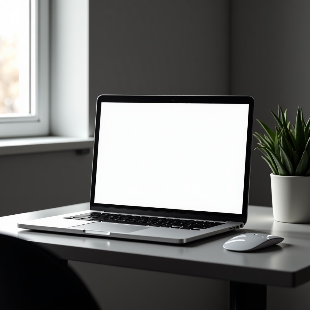 Minimalist desk setup with a laptop showing a clean application interface, high contrast, professional atmosphere, 4:3