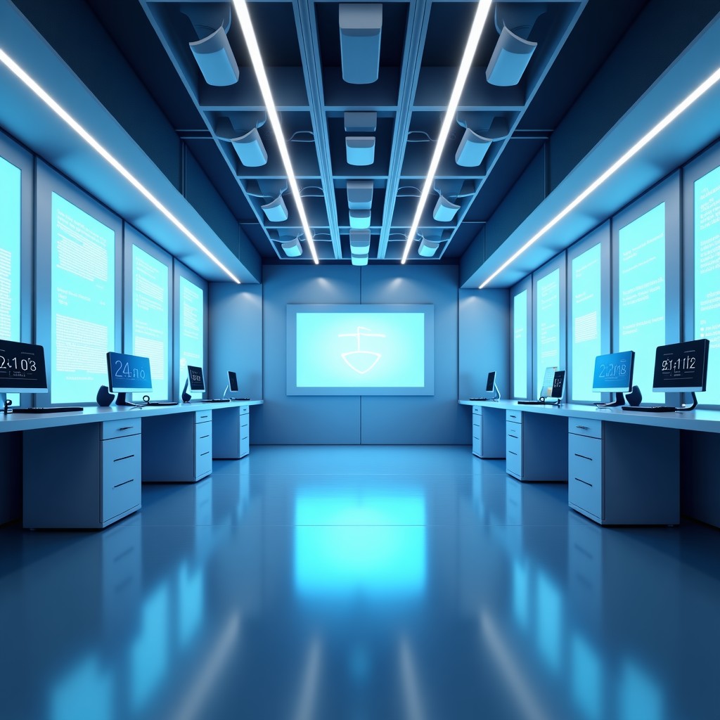 A futuristic and clean AI research laboratory with holographic displays, soft blue and white lighting, focus on advanced technology and trust, high quality, 4:3