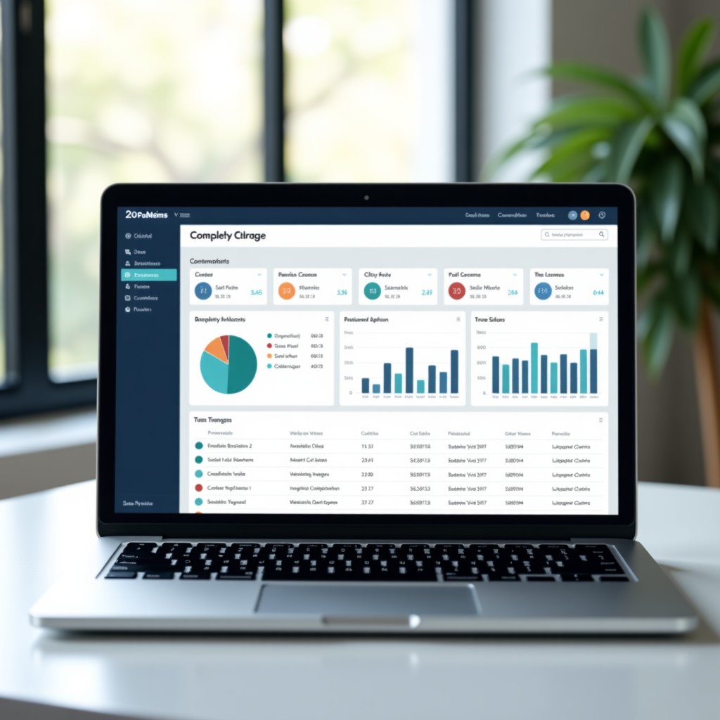 A clean and minimalist software interface for sales management displayed on a modern laptop screen. The design features elegant charts and a streamlined dashboard. Bright and airy workspace background. 4:3