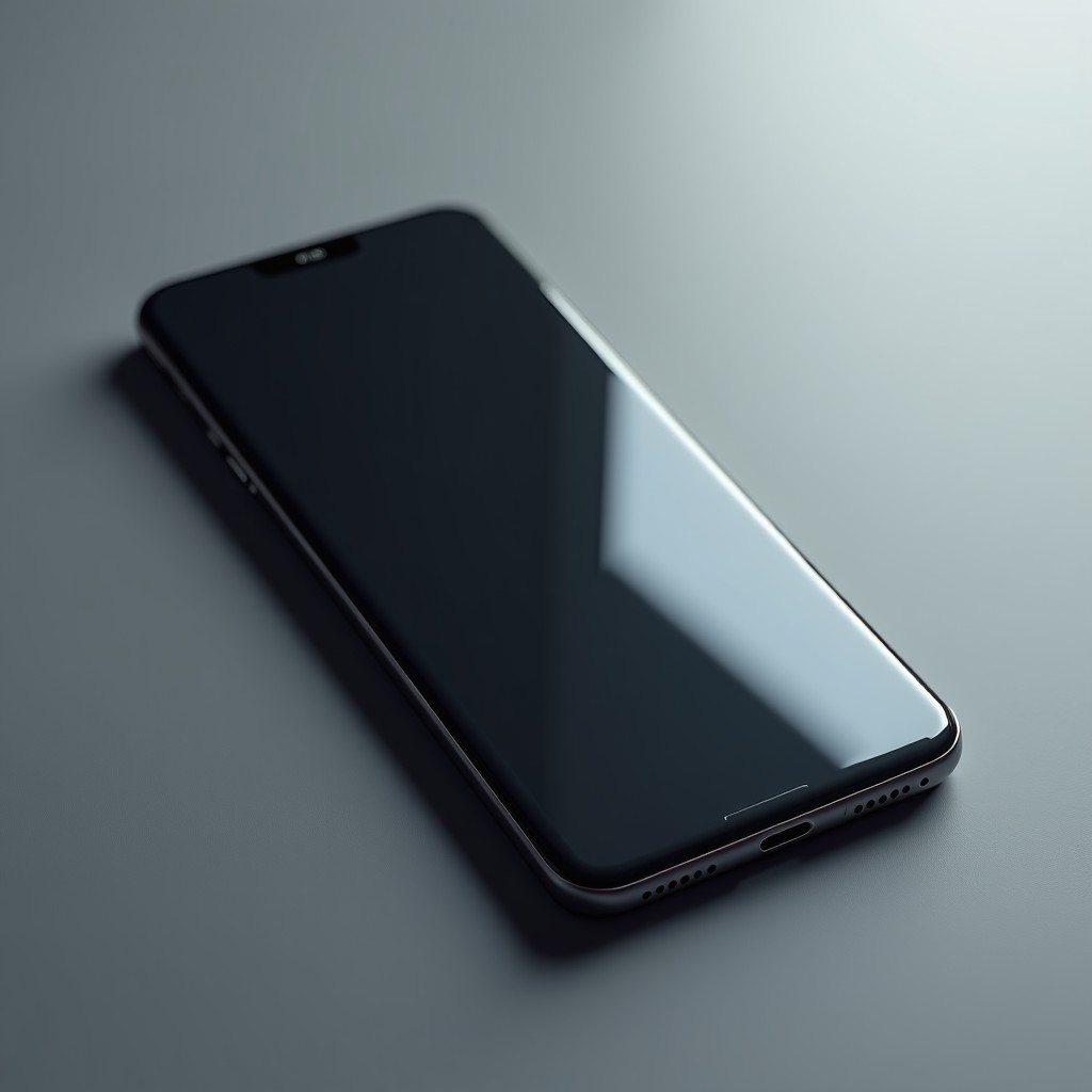 A professional close up shot of a high end smartphone on a textured gray background with soft studio lighting 4:3